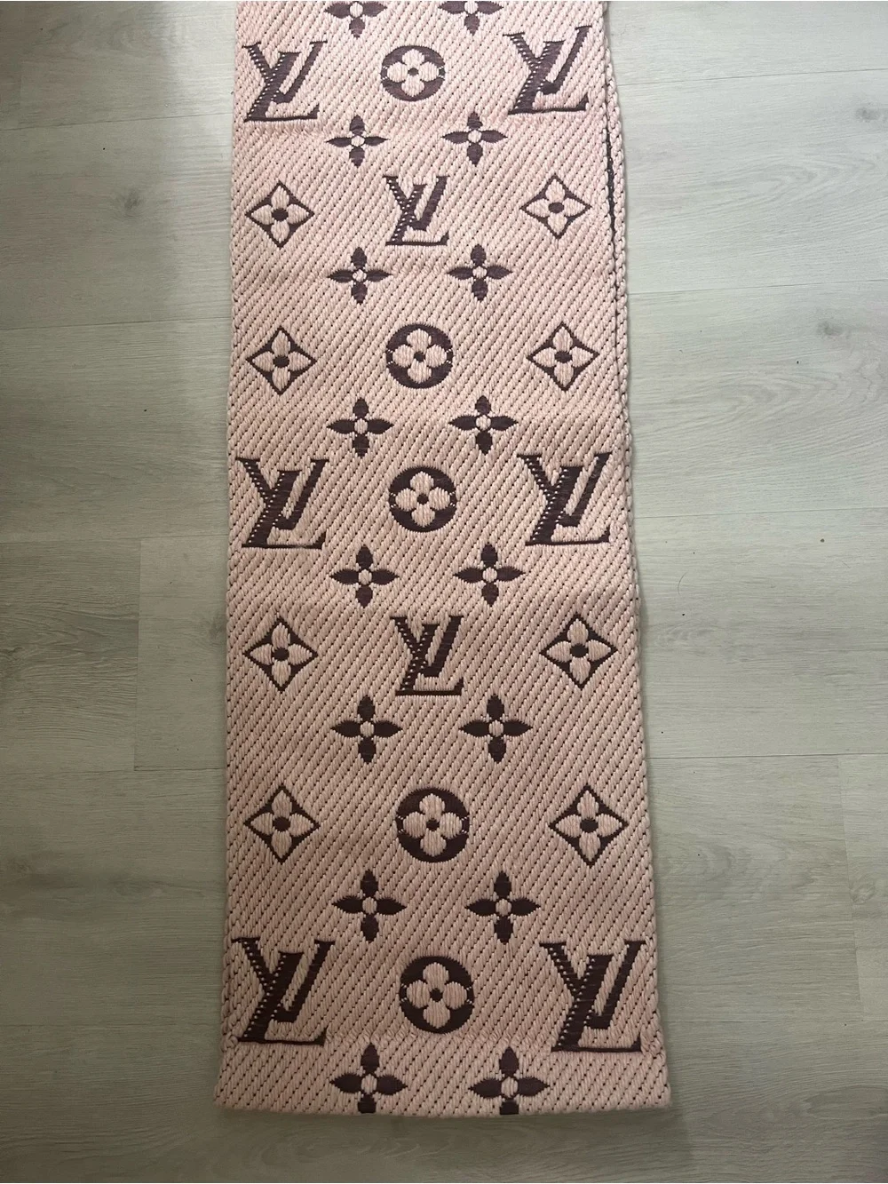 Pink Clover LV Pink and Brown Patterned Fringe Scarf Brand New with tags